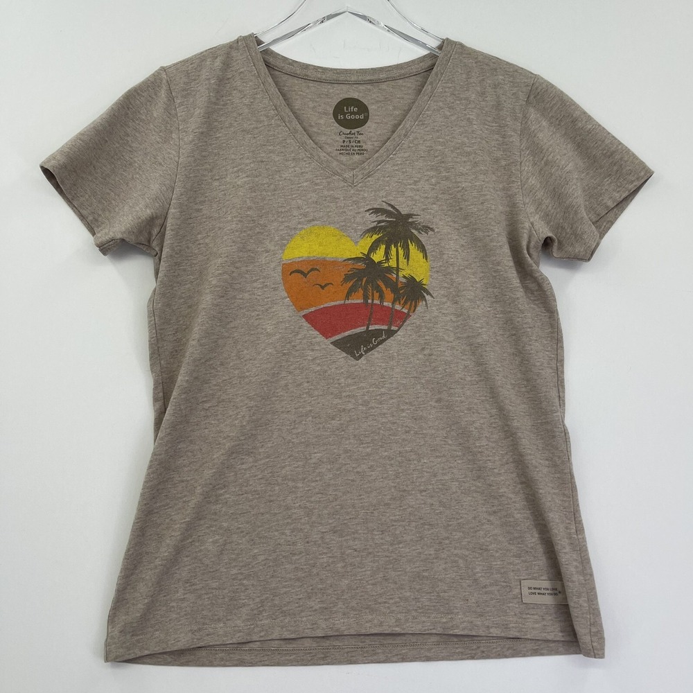 Life Is Good T-Shirt Womens Small Beige V-neck Short Sleeve Crusher Tee Top